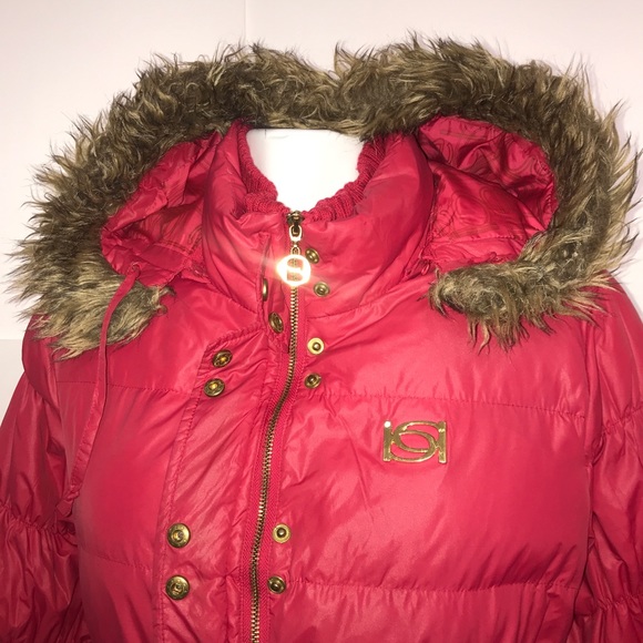Bebe Cherry Red Bomber Puffer Gold Belted Jacket - Picture 7 of 15
